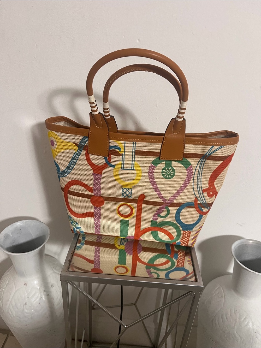 Canvas Tote Bag with Multicolor Chain Print and Tan Handles